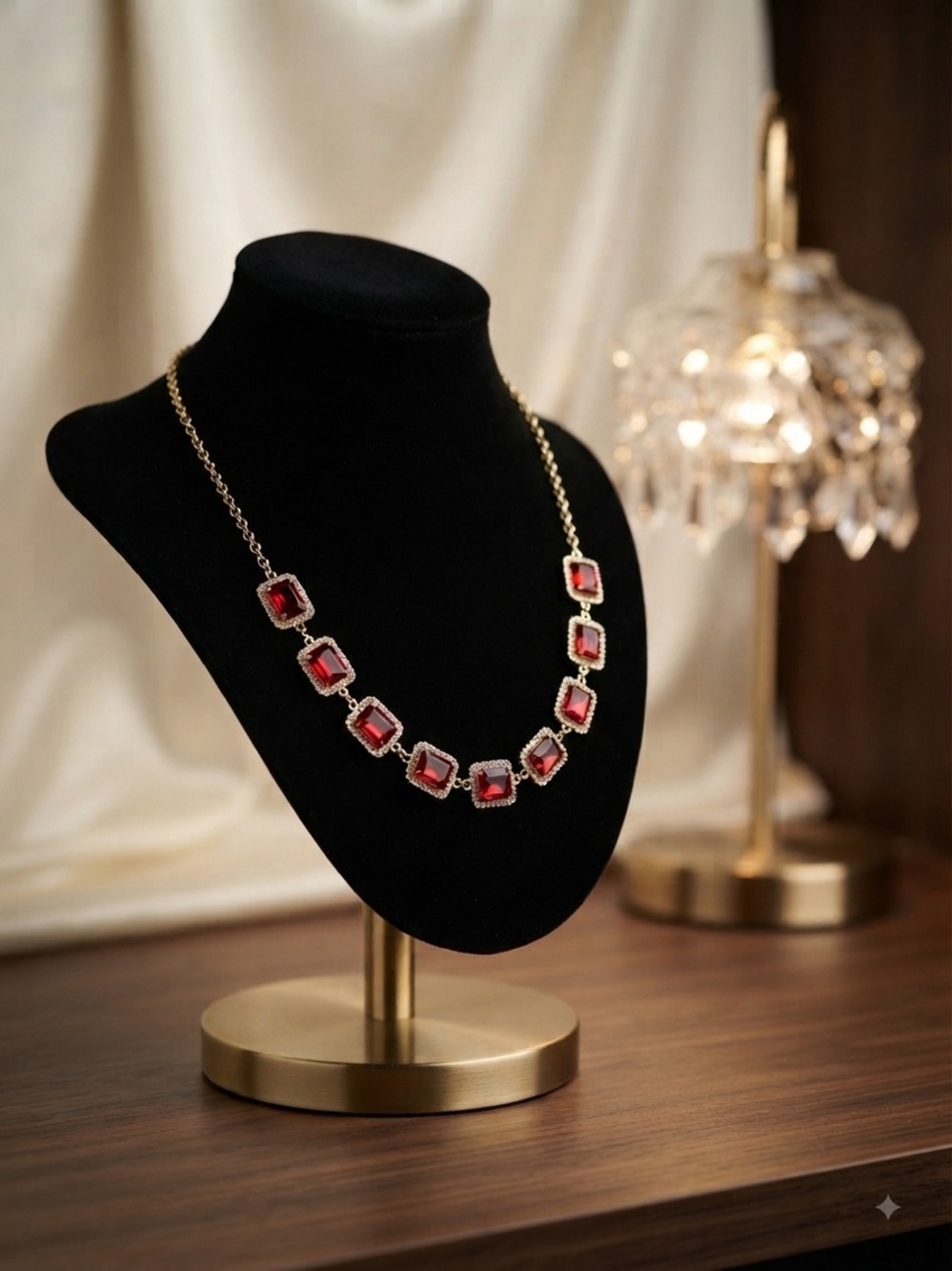 Monet Gold Chain Necklace with Red Square Stones